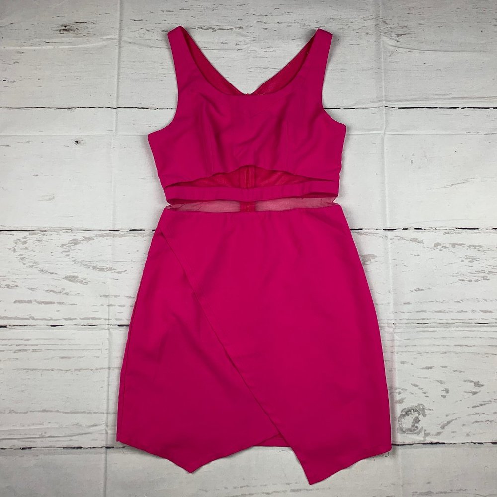 Tea & Cup womens jrs M pink sleeveless mesh waist asymmetric hem bodycon dress